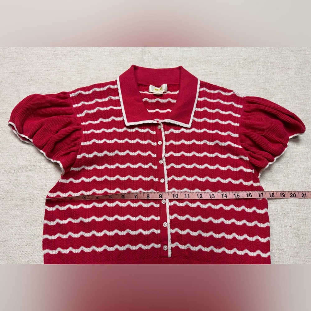 Maeve Knit Polo Shirt Size L Red White Striped Puff Sleeve Preppy Retro Collared - Picture 5 of 7